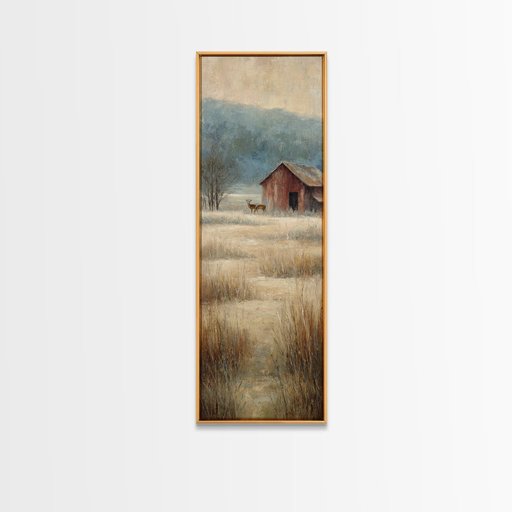 Deer Crossing a Misty Morning Field Framed Canvas Print, Country Art, Oil Painting, Farmhouse Decor, Fine Art, Country, COU-1x3-47