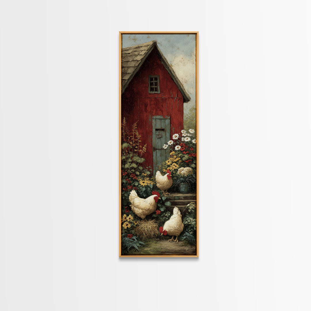 Chickens Pecking Near Garden Flowers Framed Canvas Print, Country Art, Landscape Wall Art, Farmhouse Decor, Watercolor Art, COU-1x3-50