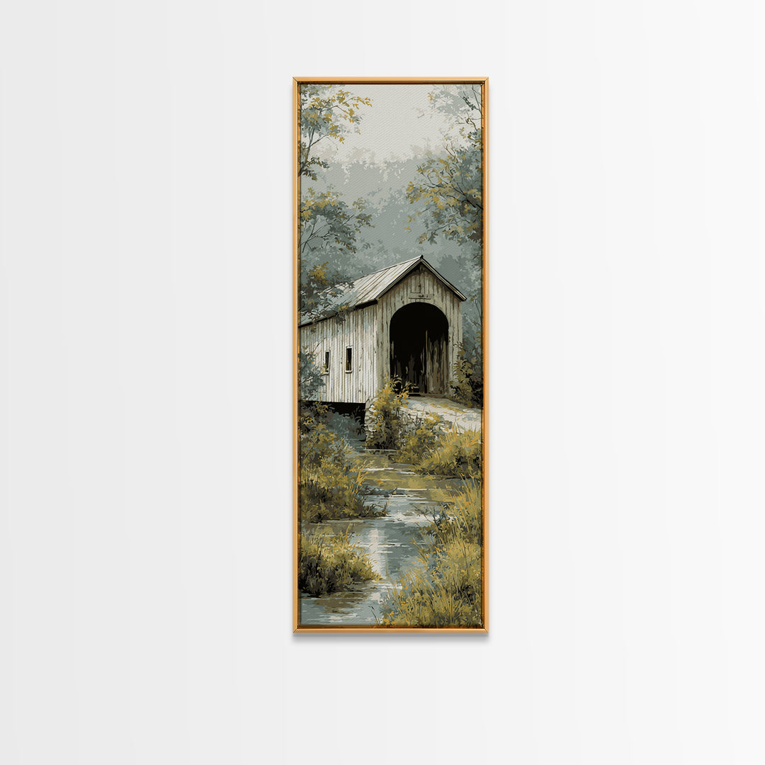 Covered Bridge over a Quiet Creek Canvas Print, Country Art, Farmhouse Decor, Abstract Art, Country, Gallery Wall Art, COU-1x3-51