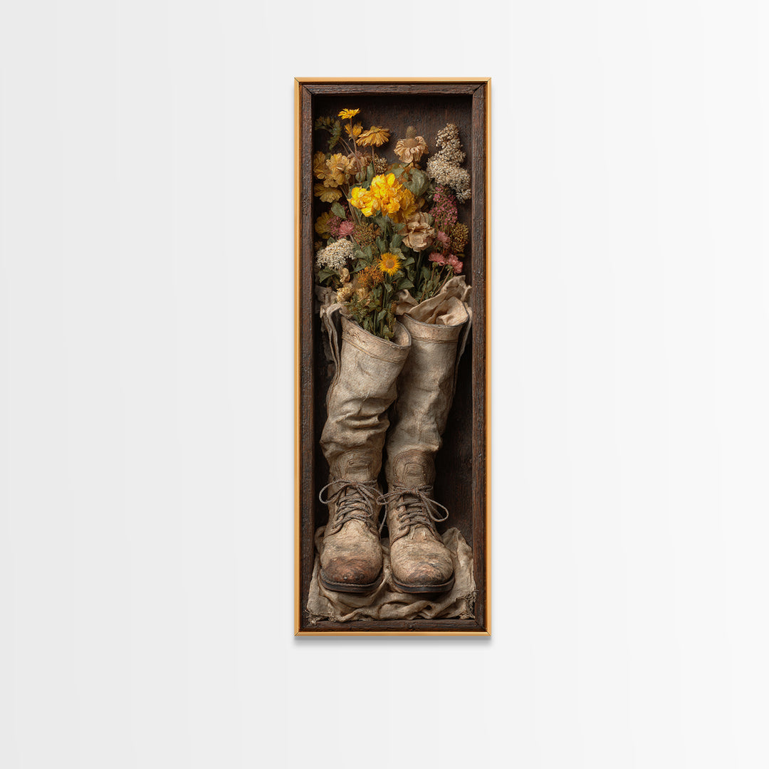 Weathered Boots with Wildflowers Tucked Inside Framed Canvas Print, Country Art, Farmhouse Decor, Watercolor Art, Country, COU-1x3-52