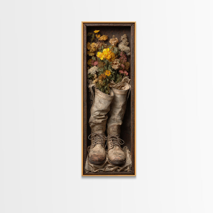 Weathered Boots with Wildflowers Tucked Inside Framed Canvas Print, Country Art, Farmhouse Decor, Watercolor Art, Country, COU-1x3-52