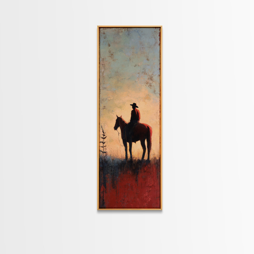 Horse and Rider Silhouette at Dusk Framed Canvas Print, Country Art, Neutral Decor, Farmhouse Decor, Fine Art, Country, COU-1x3-53