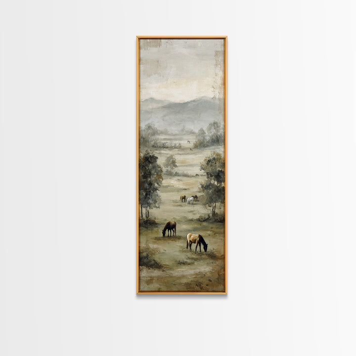 Rolling Pasture with Grazing Horses at Sunrise Framed Canvas Print, Country Art, Textured Painting, Farmhouse Decor, Country, COU-1x3-61