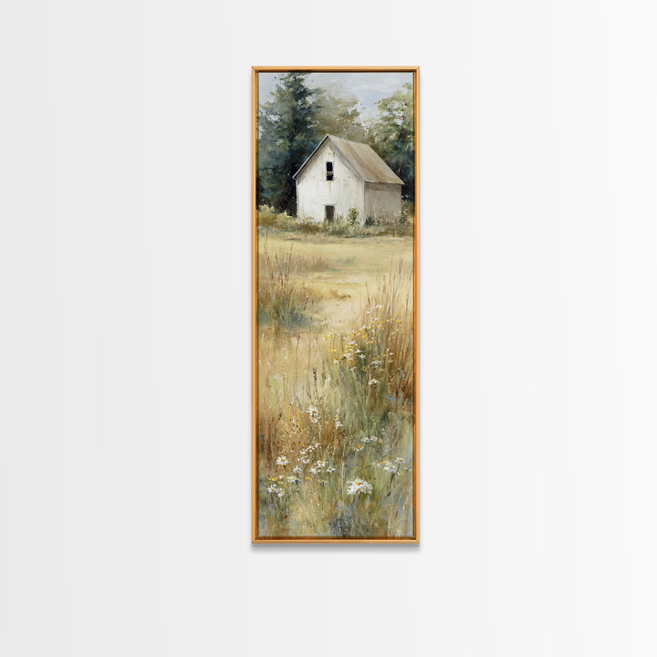 White Farmhouse Surrounded by Tall Grass Framed Canvas Print, Country Art, Gallery Wall Art, Farmhouse Decor, Fine Art, Country, COU-1x3-70