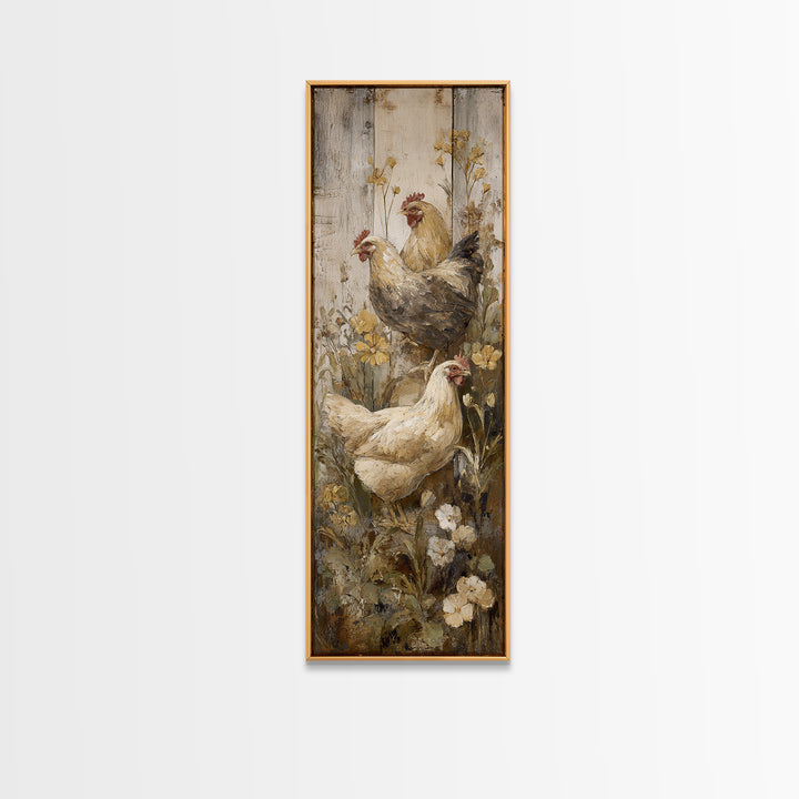 Chickens Pecking Near Garden Flowers Framed Canvas Print, Country Art, Landscape Wall Art, Farmhouse Decor, Watercolor Art, COU-1x3-74