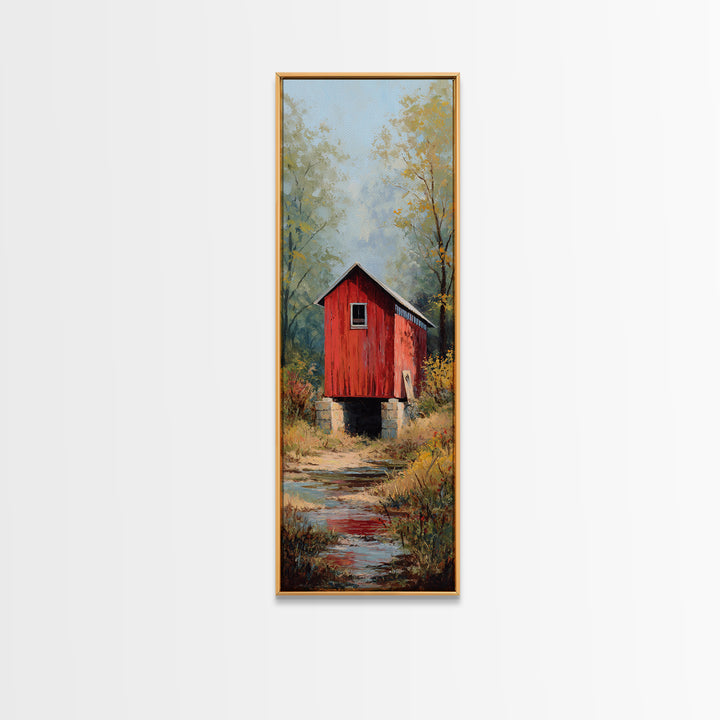 Covered Bridge over a Quiet Creek Framed Canvas Print, Country Art, Digital Art Prints, Farmhouse Decor, Fine Art, Country, COU-1x3-75