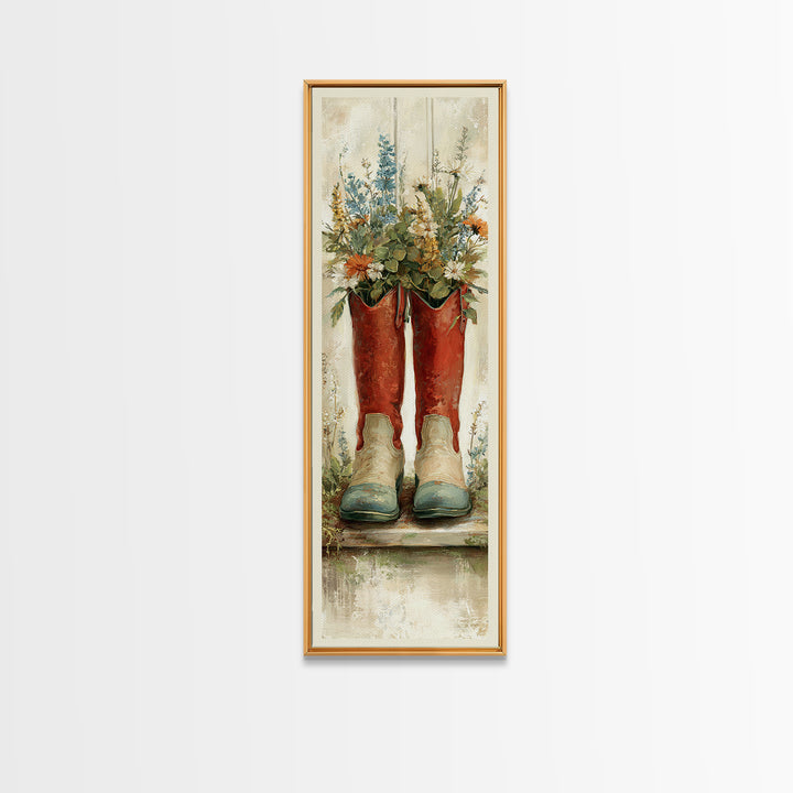 Weathered Boots with Wildflowers Tucked Inside Framed Canvas Print, Country Art, Digital Print, Farmhouse Decor, Country, COU-1x3-76