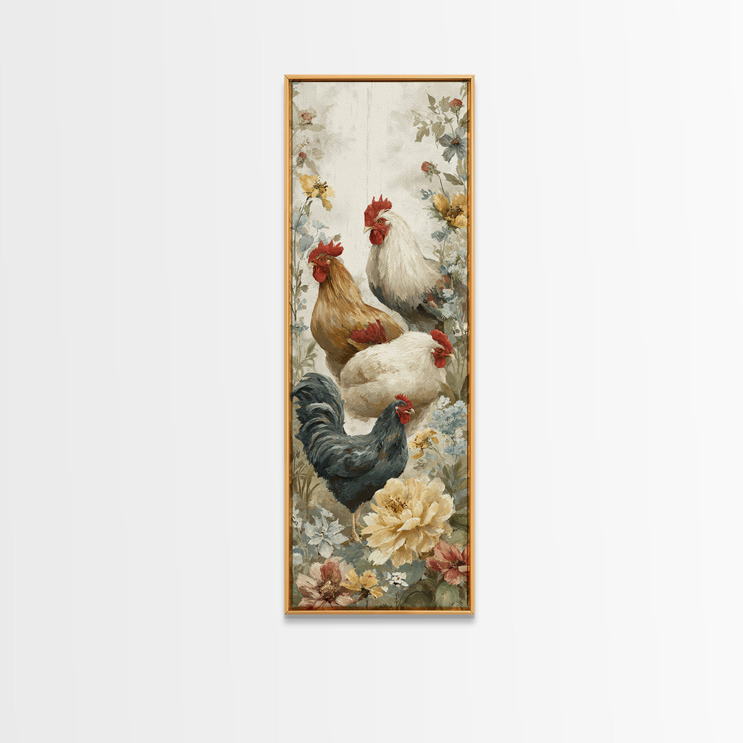 Chickens Pecking Near Garden Flowers Canvas Print, Country Art, Fine Art Print, Farmhouse Decor, Country, Digital Prints, COU-1x3-98