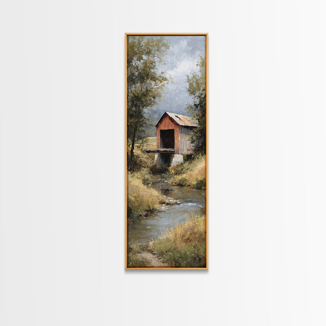 Covered Bridge over a Quiet Creek Canvas Print, Country Art, Farmhouse Wall Art, Farmhouse Decor, Watercolor Art, Country, COU-1x3-99