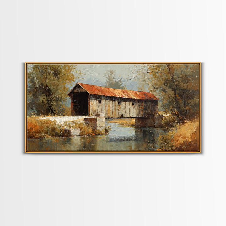 Covered Bridge over a Quiet Creek Framed Canvas Print, Country Art, Watercolor Painting, Farmhouse Decor, Fine Art, Country, COU-2x1-11
