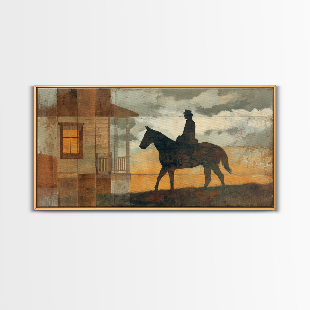 Horse and Rider Silhouette at Dusk Framed Canvas Print, Country Art, Minimalist Decor, Farmhouse Decor, Fine Art, Country, COU-2x1-13