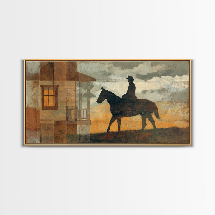 Horse and Rider Silhouette at Dusk Framed Canvas Print, Country Art, Minimalist Decor, Farmhouse Decor, Fine Art, Country, COU-2x1-13