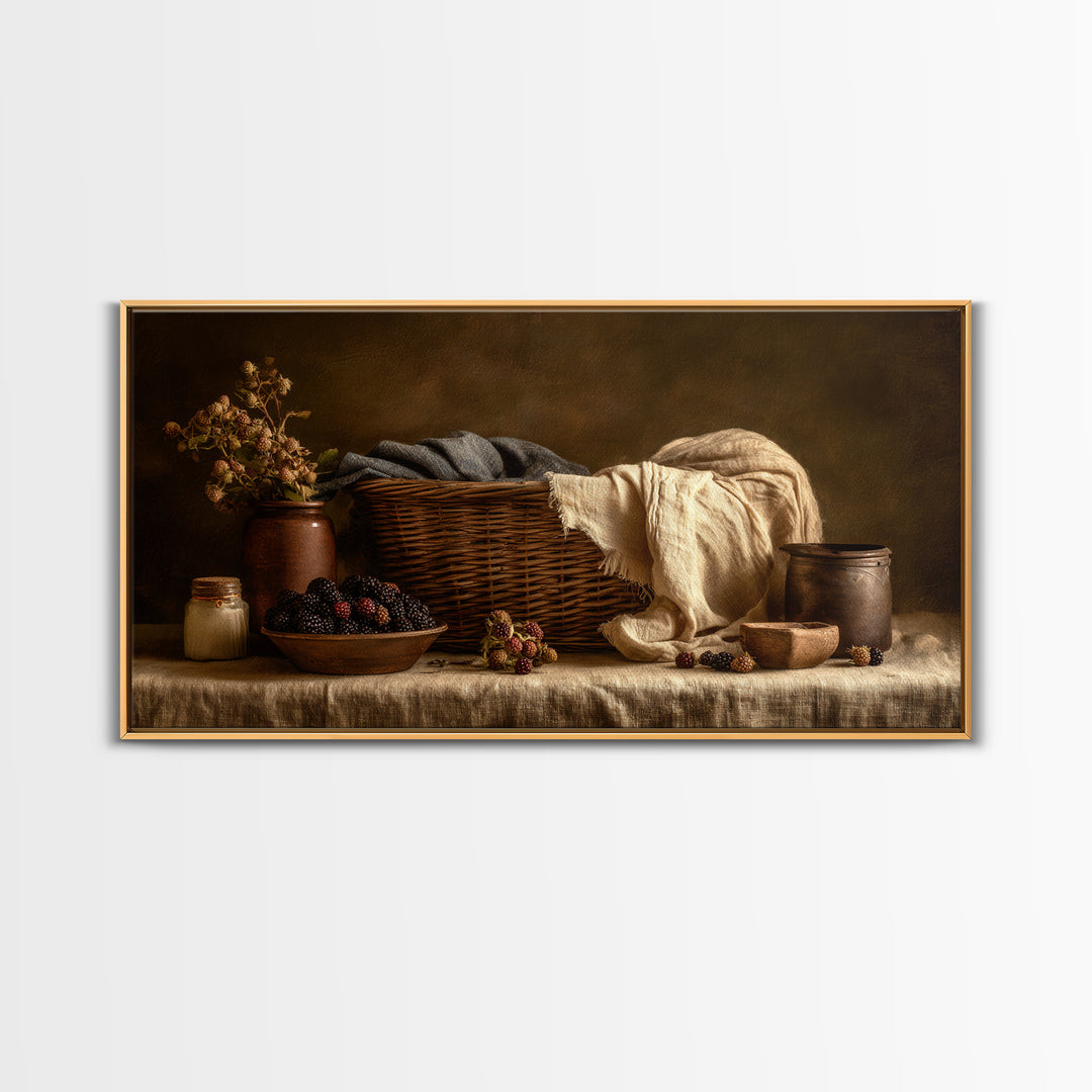 Blackberry Basket with Linen Cloth Canvas Print, Country Art, Contemporary Art, Farmhouse Decor, Abstract Art, Country, COU-2x1-17