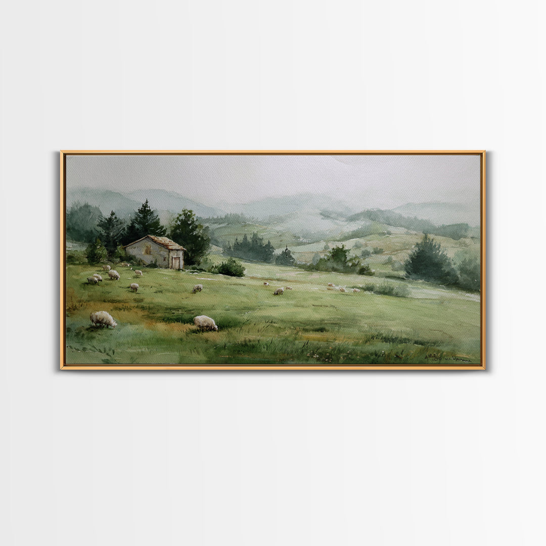 Watercolor Sheep in a Green Pasture Framed Canvas Print, Country Art, French Country, Farmhouse Decor, Fine Art, Country, COU-2x1-19