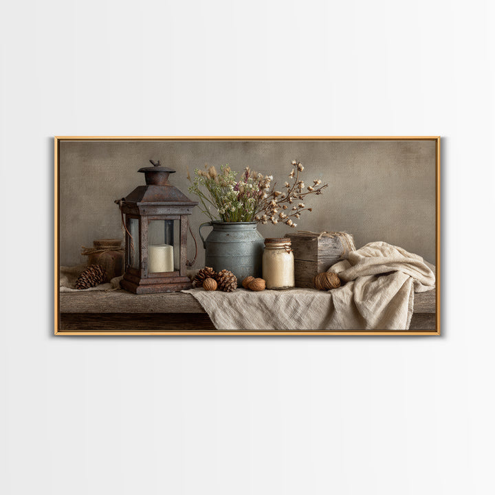 Old Lantern and Pinecones Still Life Framed Canvas Print, Country Art, Fine Art Print, Farmhouse Decor, Fine Art, Country, COU-2x1-20