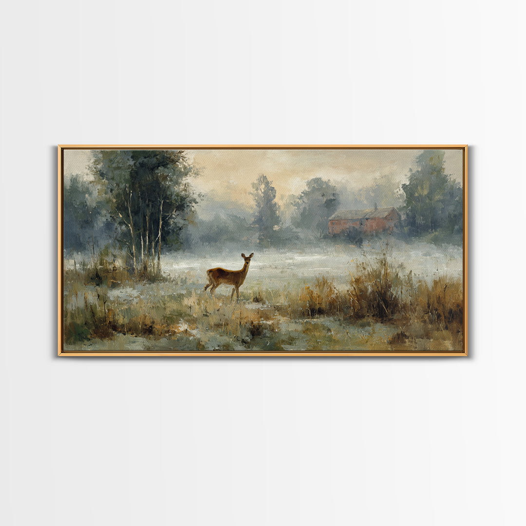 Deer Crossing a Misty Morning Field Canvas Print, Country Art, Original Painting, Farmhouse Decor, Fine Art, Country, COU-2x1-31
