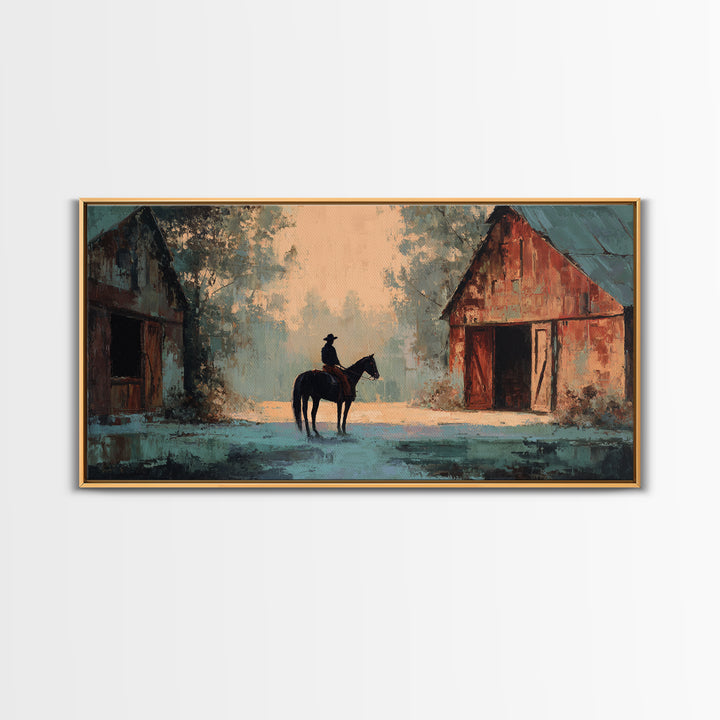 Horse and Rider Silhouette at Dusk Framed Canvas Print, Country Art, Minimalist Decor, Farmhouse Decor, Fine Art, Country, COU-2x1-37