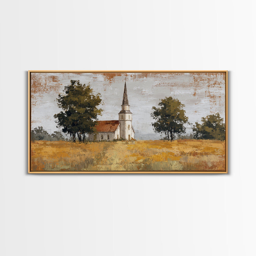 Country Church Steeple Beyond Trees Canvas Print, Country Art, Digital Prints, Farmhouse Decor, Oil Painting, Country, COU-2x1-39