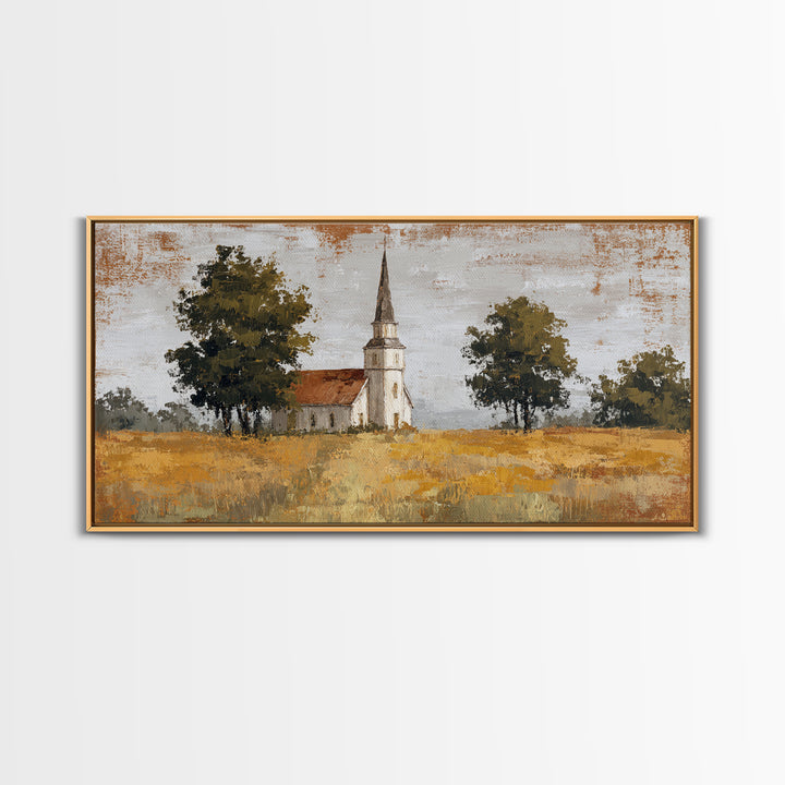 Country Church Steeple Beyond Trees Canvas Print, Country Art, Digital Prints, Farmhouse Decor, Oil Painting, Country, COU-2x1-39