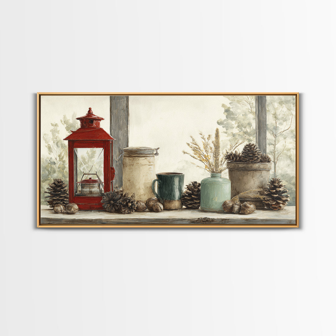 Old Lantern and Pinecones Still Life Canvas Print, Country Art, Textured Painting, Farmhouse Decor, Abstract Art, Country, COU-2x1-44