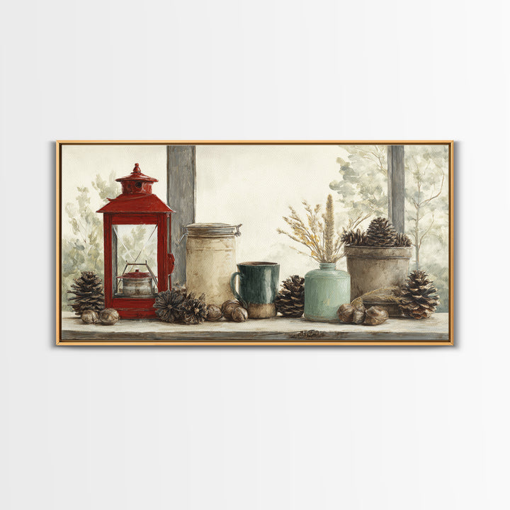 Old Lantern and Pinecones Still Life Canvas Print, Country Art, Textured Painting, Farmhouse Decor, Abstract Art, Country, COU-2x1-44