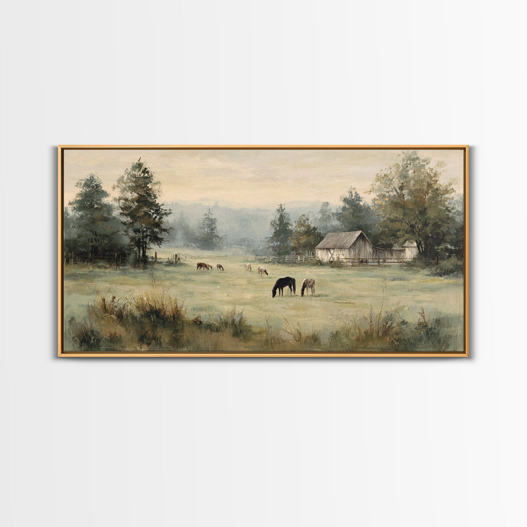 Rolling Pasture with Grazing Horses at Sunrise Framed Canvas Print, Country Art, Art Print, Farmhouse Decor, Fine Art, Country, COU-2x1-45