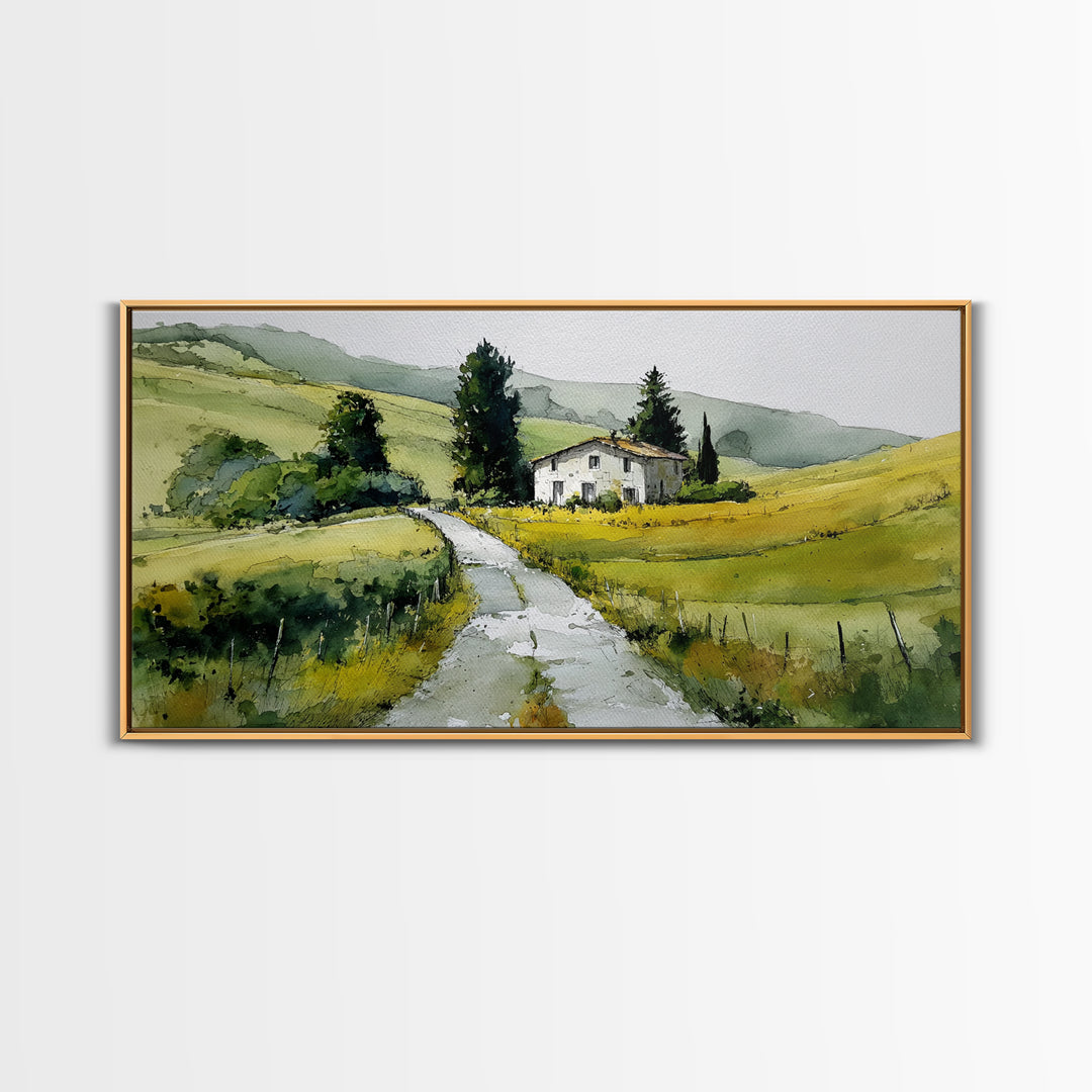 Country Road Disappearing into Green Hills Framed Canvas Print, Country Art, Farmhouse Decor, Watercolor Art, Country, COU-2x1-51