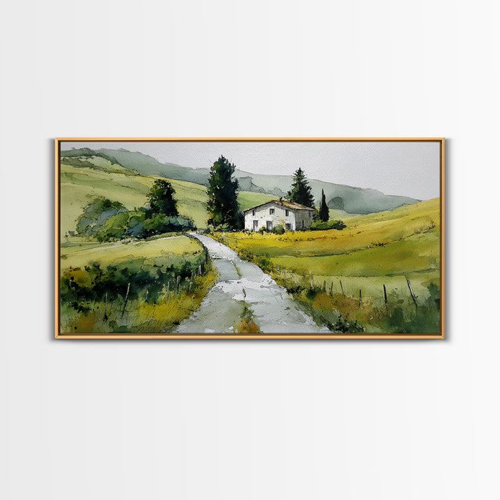 Country Road Disappearing into Green Hills Framed Canvas Print, Country Art, Farmhouse Decor, Watercolor Art, Country, COU-2x1-51