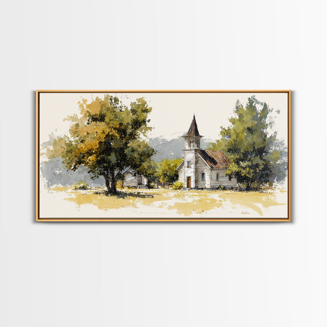 Country Church Steeple Beyond Trees Canvas Print, Country Art, Farmhouse Decor, Country, Gallery Wall Art, Landscape Wall Art, COU-2x1-63
