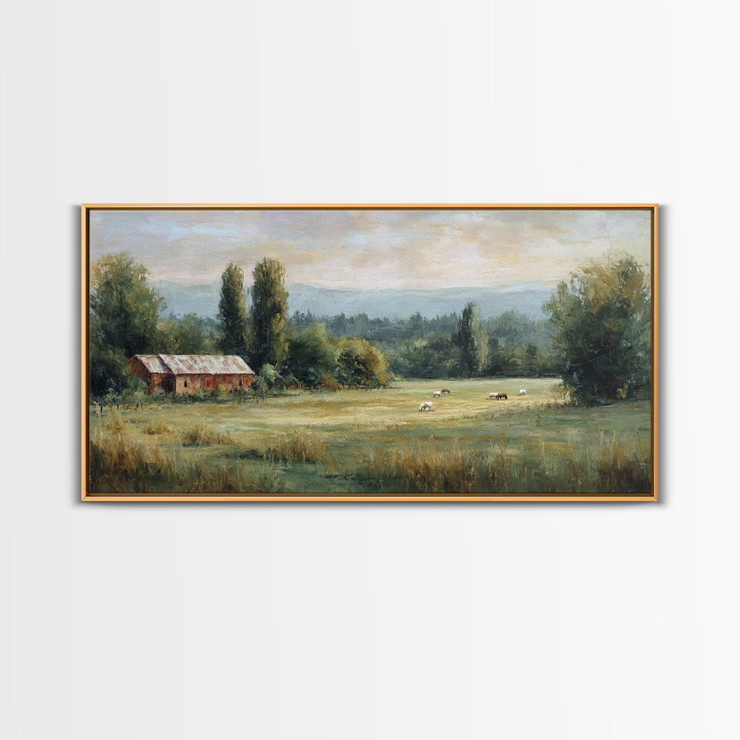 Rolling Pasture with Grazing Horses at Sunrise Canvas Print, Country Art, Large Wall Art, Farmhouse Decor, Fine Art, Country, COU-2x1-69