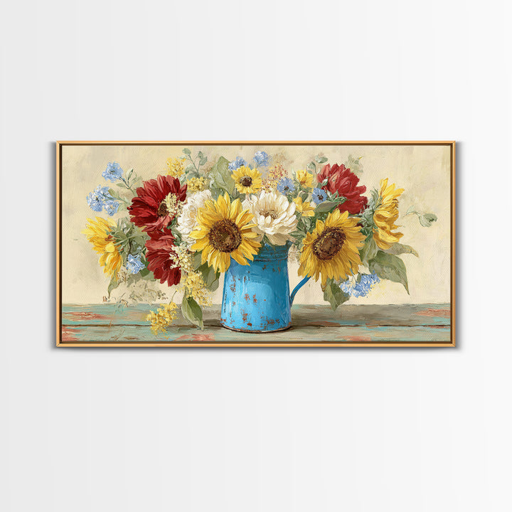 Sunflowers in a Blue Enamel Pitcher Canvas Print, Country Art, Farmhouse Decor, Country, Gallery Wall Art, Landscape Wall Art, COU-2x1-76