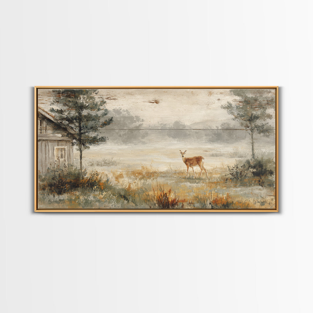 Deer Crossing a Misty Morning Field Framed Canvas Print, Country Art, French Country Decor, Farmhouse Decor, Fine Art, Country, COU-2x1-79