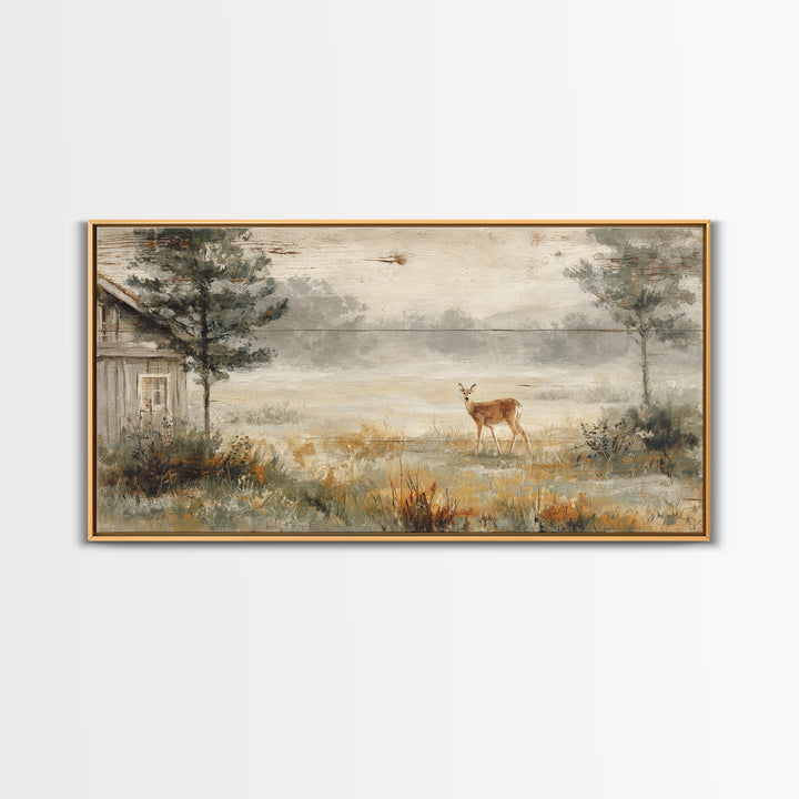 Deer Crossing a Misty Morning Field Framed Canvas Print, Country Art, French Country Decor, Farmhouse Decor, Fine Art, Country, COU-2x1-79