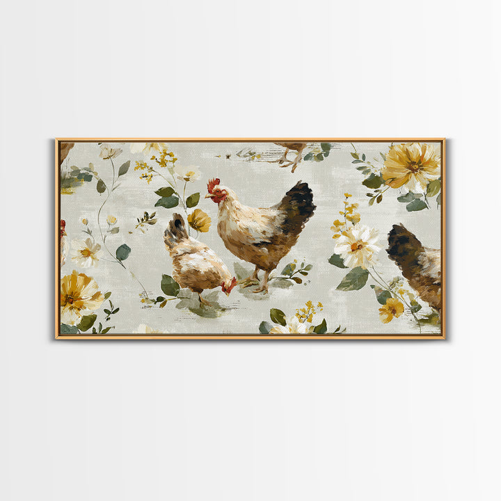 Chickens Pecking Near Garden Flowers Canvas Print, Country Art, Wall Art, Farmhouse Decor, Watercolor Art, Country, COU-2x1-82
