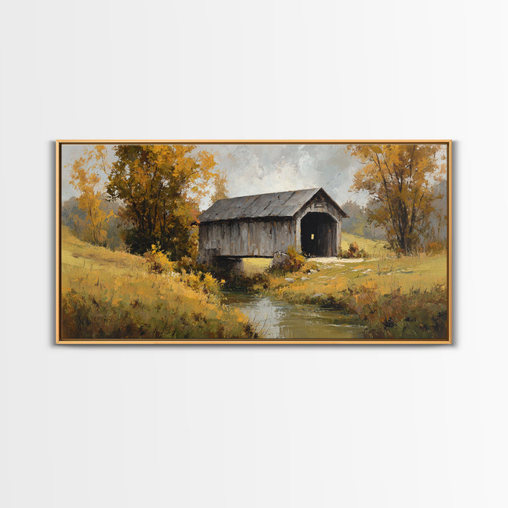 Covered Bridge over a Quiet Creek Framed Canvas Print, Country Art, Contemporary Art, Farmhouse Decor, Fine Art, Country, COU-2x1-83