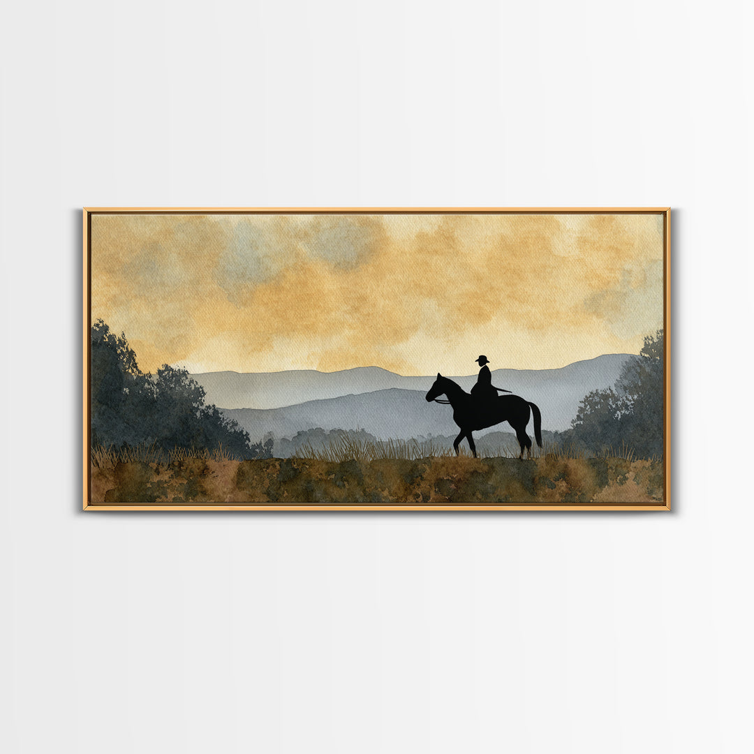 Horse and Rider Silhouette at Dusk Framed Canvas Print, Country Art, Digital Wall Art, Farmhouse Decor, Fine Art, Country, COU-2x1-85