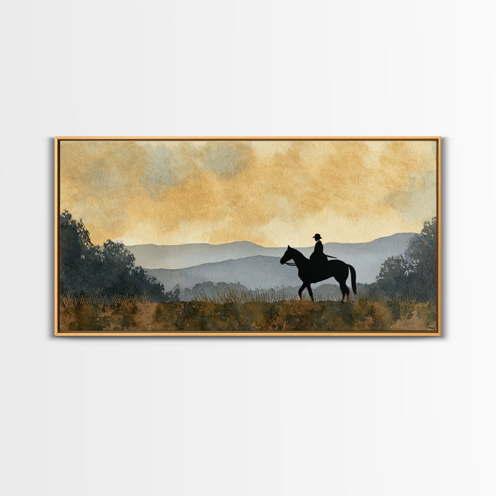 Horse and Rider Silhouette at Dusk Framed Canvas Print, Country Art, Digital Wall Art, Farmhouse Decor, Fine Art, Country, COU-2x1-85