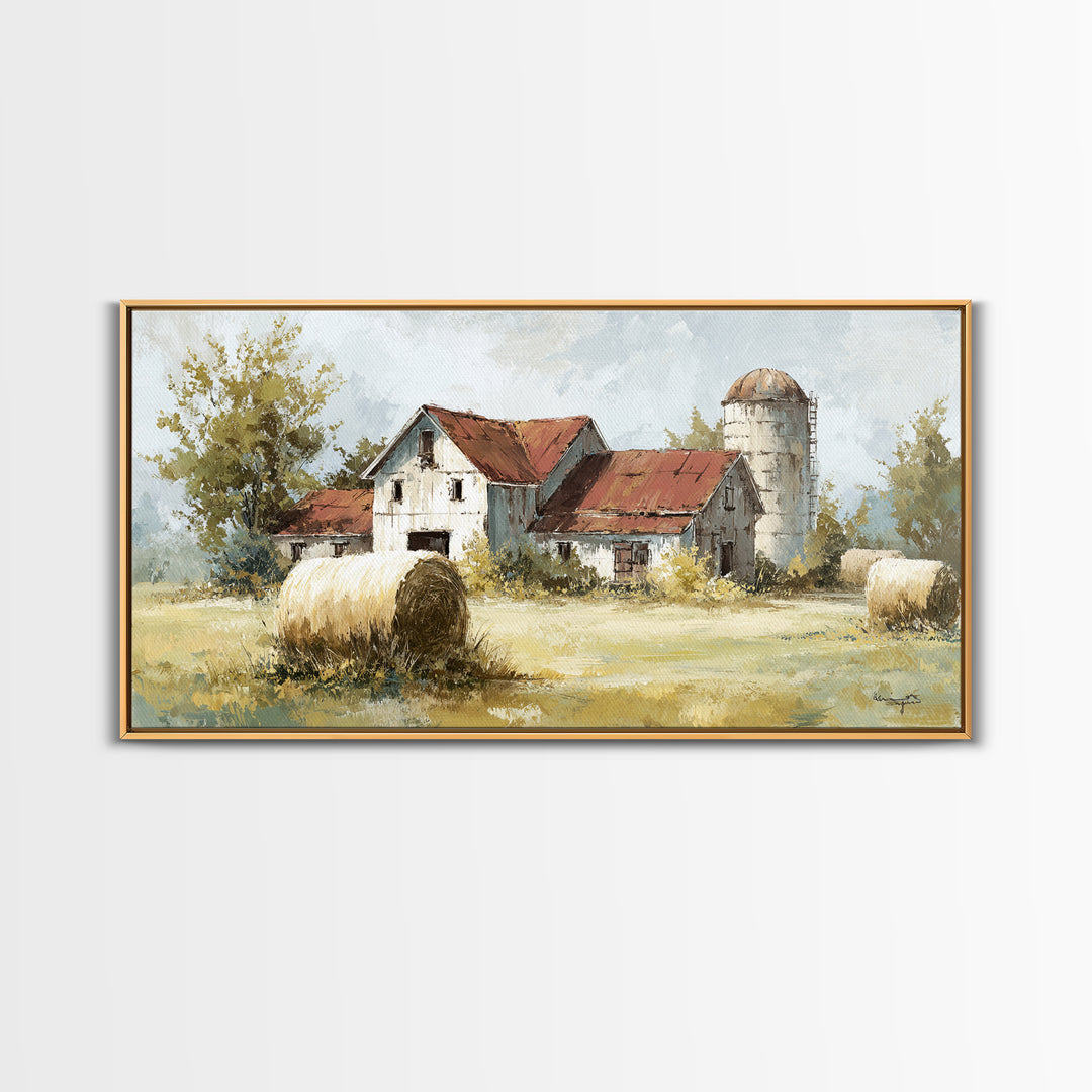 Hay Bales in Late Afternoon Sun Framed Canvas Print, Country Art, Digital Print, Farmhouse Decor, Country, French Country, COU-2x1-88