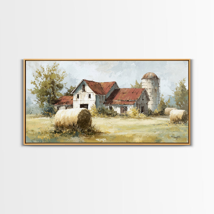 Hay Bales in Late Afternoon Sun Framed Canvas Print, Country Art, Digital Print, Farmhouse Decor, Country, French Country, COU-2x1-88