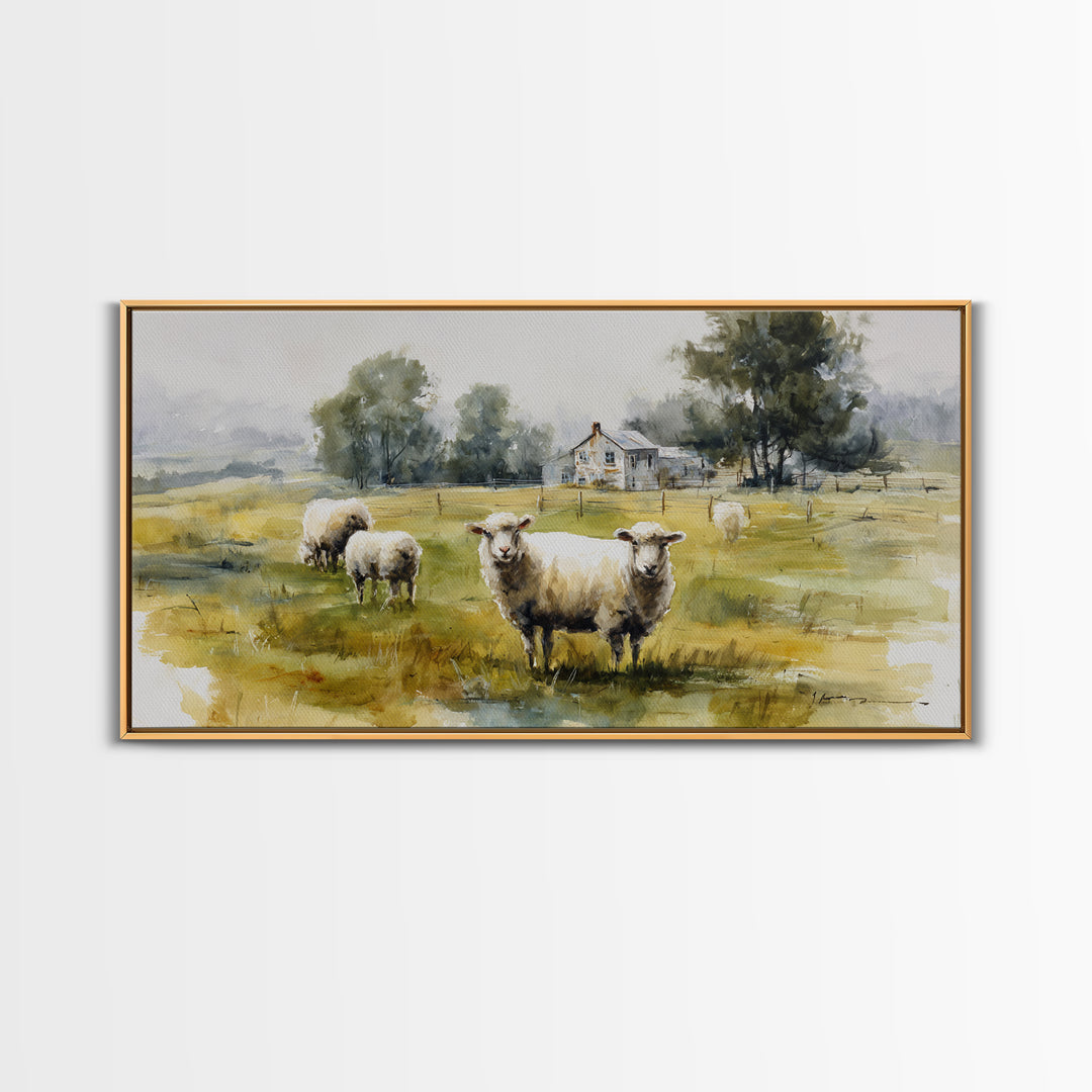 Watercolor Sheep in a Green Pasture Framed Canvas Print, Country Art, Printable Wall Art, Farmhouse Decor, Fine Art, Country, COU-2x1-91