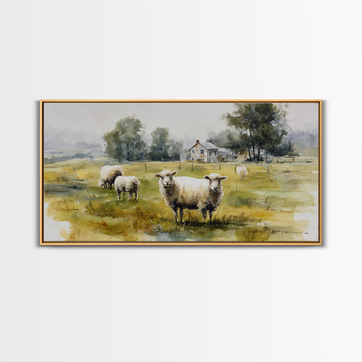 Watercolor Sheep in a Green Pasture Framed Canvas Print, Country Art, Printable Wall Art, Farmhouse Decor, Fine Art, Country, COU-2x1-91