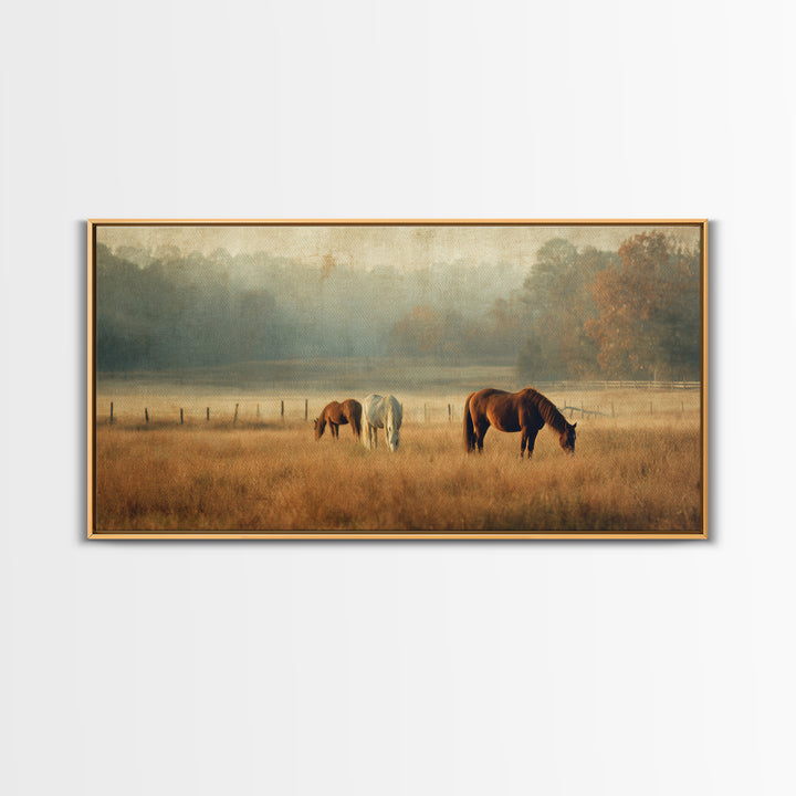 Rolling Pasture with Grazing Horses at Sunrise Canvas Print, Country Art, Large Wall Art, Farmhouse Decor, Fine Art, Country, COU-2x1-93