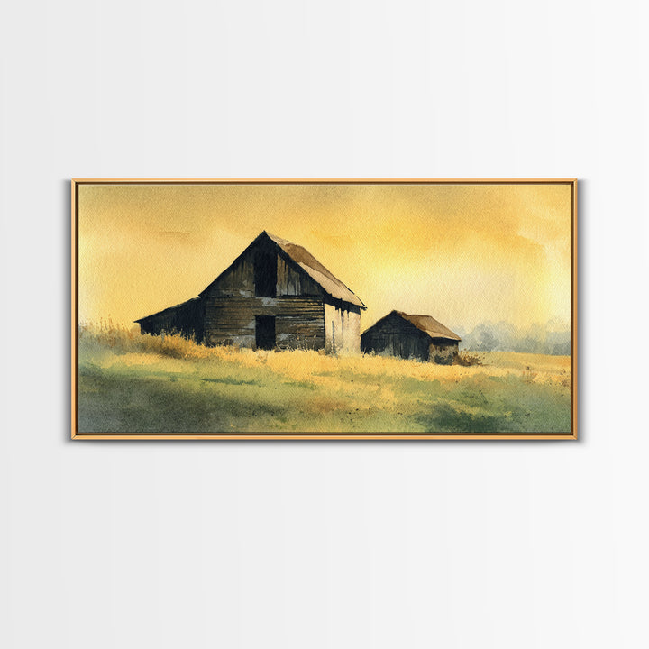 Rustic Barn Silhouette Framed Canvas Print, Country Art, Landscape Wall Art, Farmhouse Decor, Fine Art, Country, COU-2x1-95