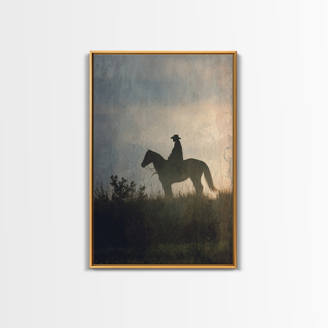 Horse and Rider Silhouette at Dusk Framed Canvas Print, Country Art, Wall Art, Farmhouse Decor, Fine Art, Country, COU-2x3-1