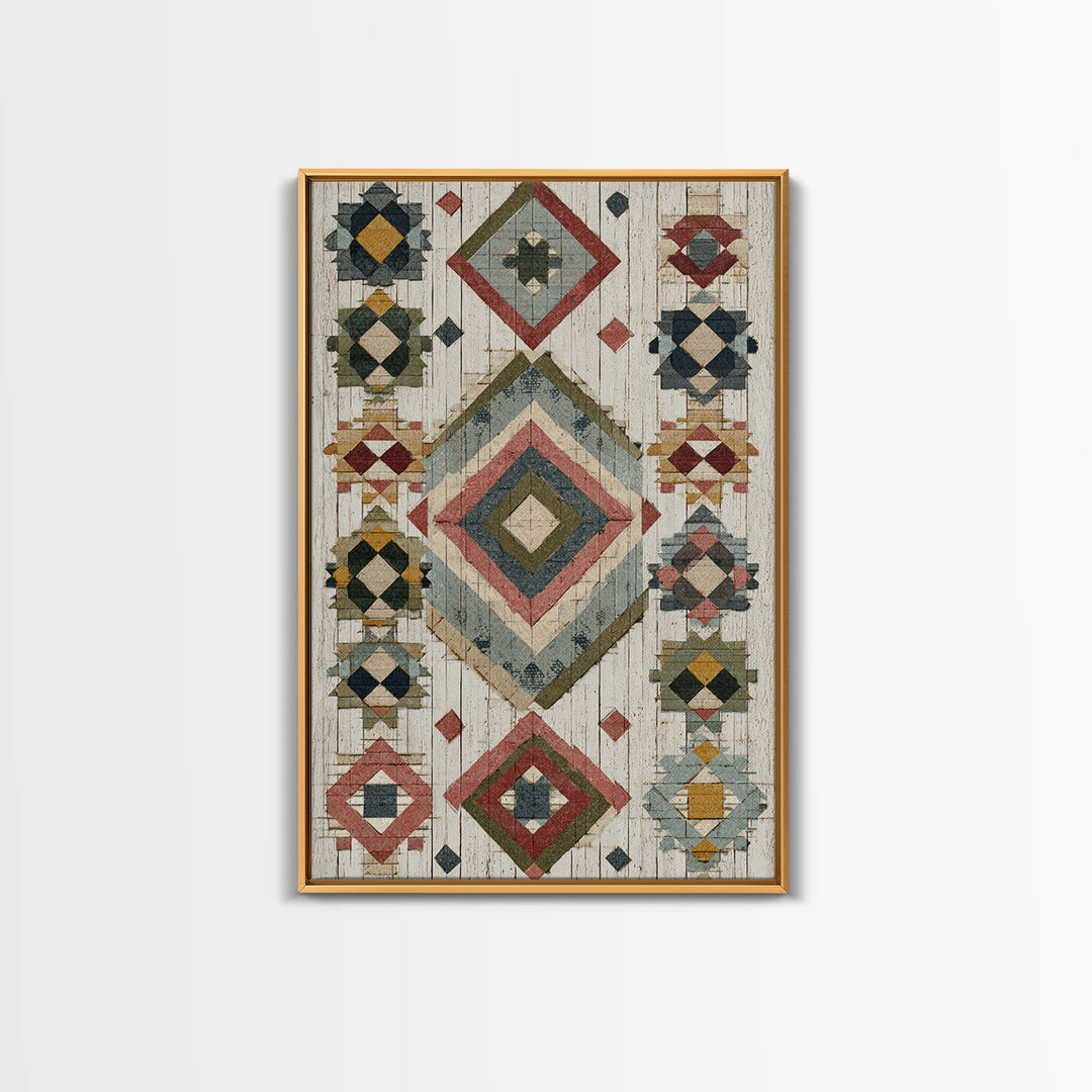 Quilt Geometric Folk Pattern Framed Canvas Print, Country Art, Farmhouse Decor, Abstract Art, Country, Watercolor Painting, COU-2x3-20