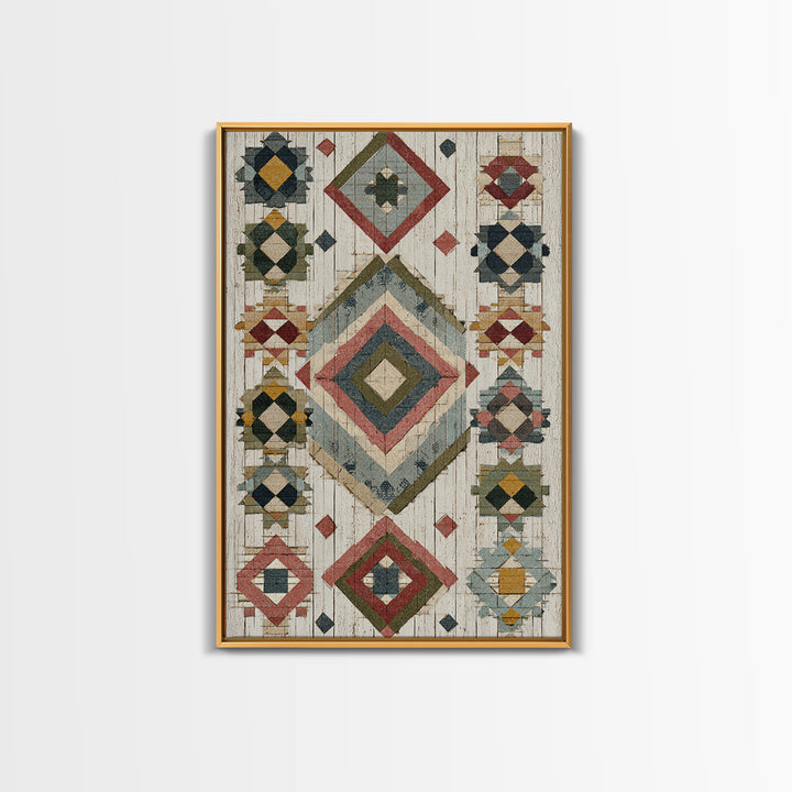 Quilt Geometric Folk Pattern Framed Canvas Print, Country Art, Farmhouse Decor, Abstract Art, Country, Watercolor Painting, COU-2x3-20