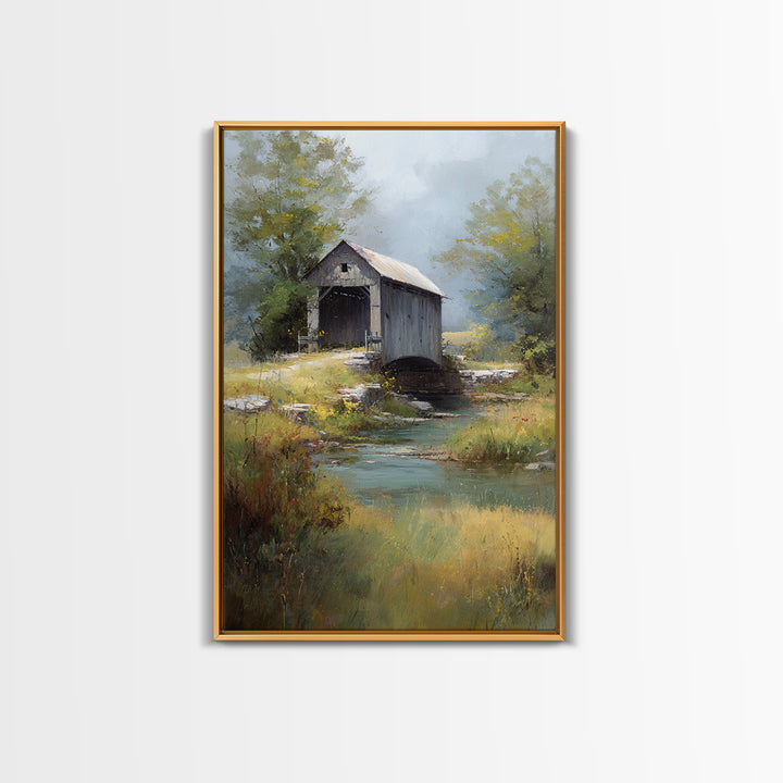 Covered Bridge over a Quiet Creek Canvas Print, Country Art, Luxury Decor, Farmhouse Decor, Fine Art, Country, COU-2x3-23