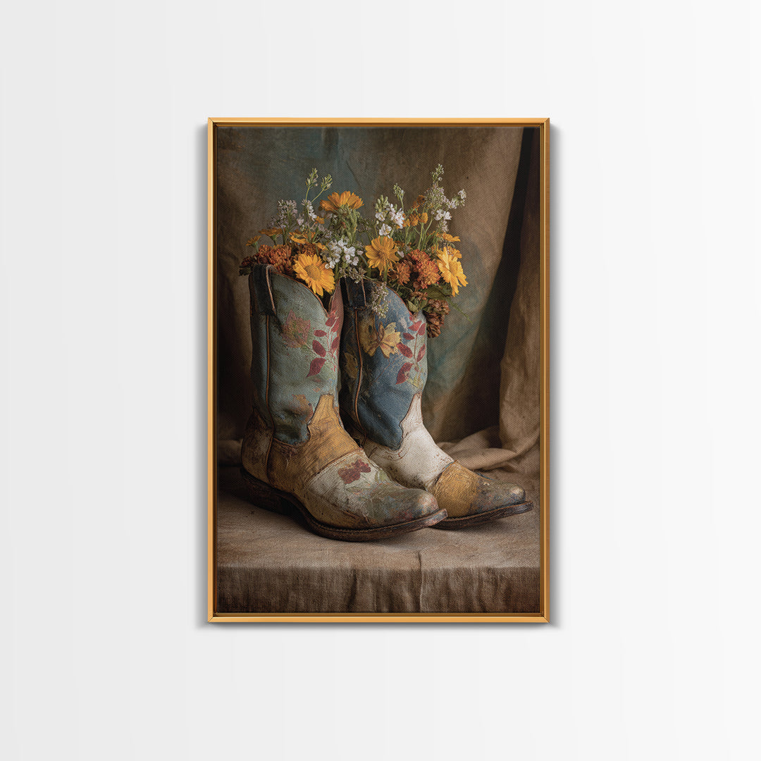 Weathered Boots with Wildflowers Tucked Inside Canvas Print, Country Art, Eclectic Wall Art, Farmhouse Decor, Country, COU-2x3-24