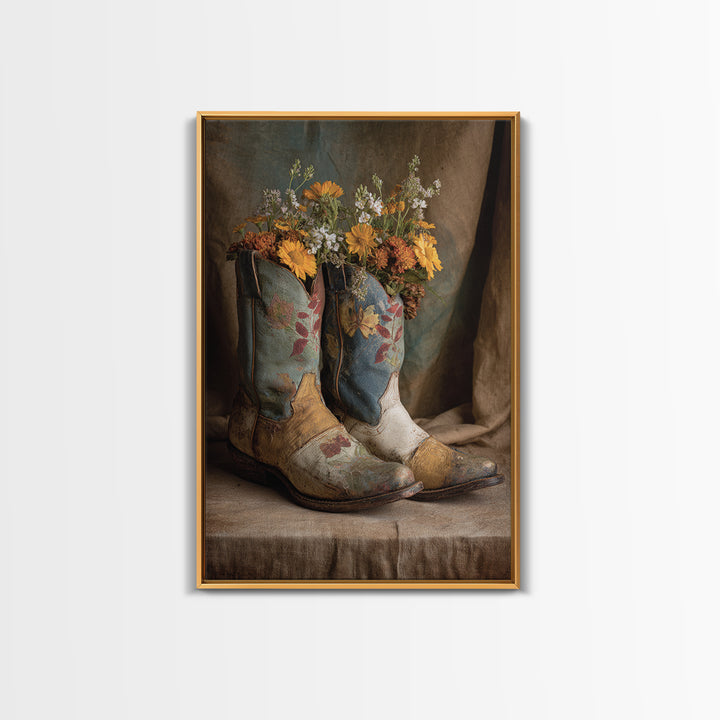 Weathered Boots with Wildflowers Tucked Inside Canvas Print, Country Art, Eclectic Wall Art, Farmhouse Decor, Country, COU-2x3-24