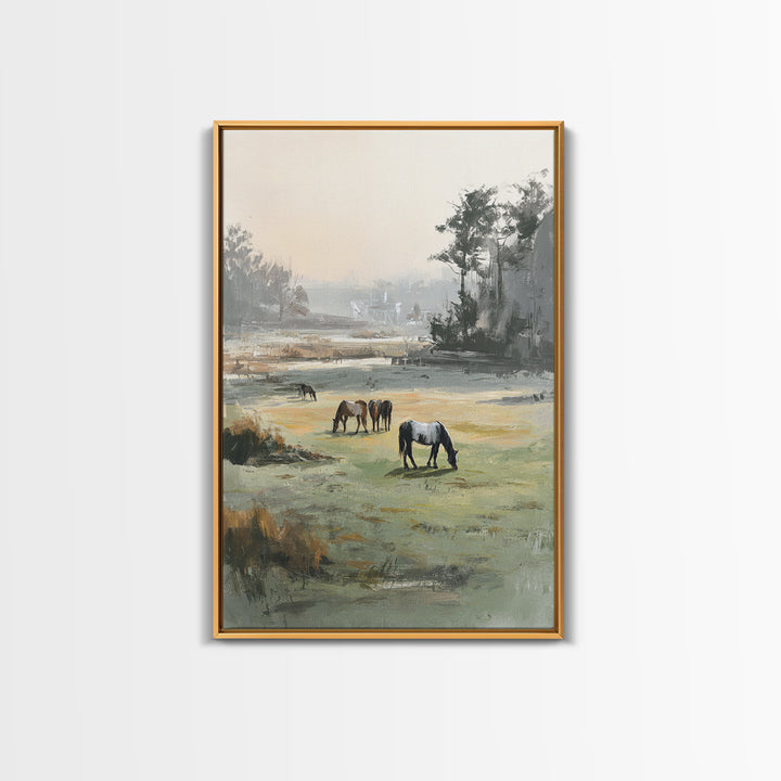 Rolling Pasture with Grazing Horses at Sunrise Canvas Print, Country Art, Original Painting, Farmhouse Decor, Country, COU-2x3-33